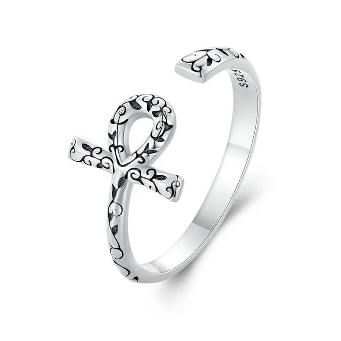 Ankh Egyptian Cross Sterling Silver open ring with intricate designs on a white background