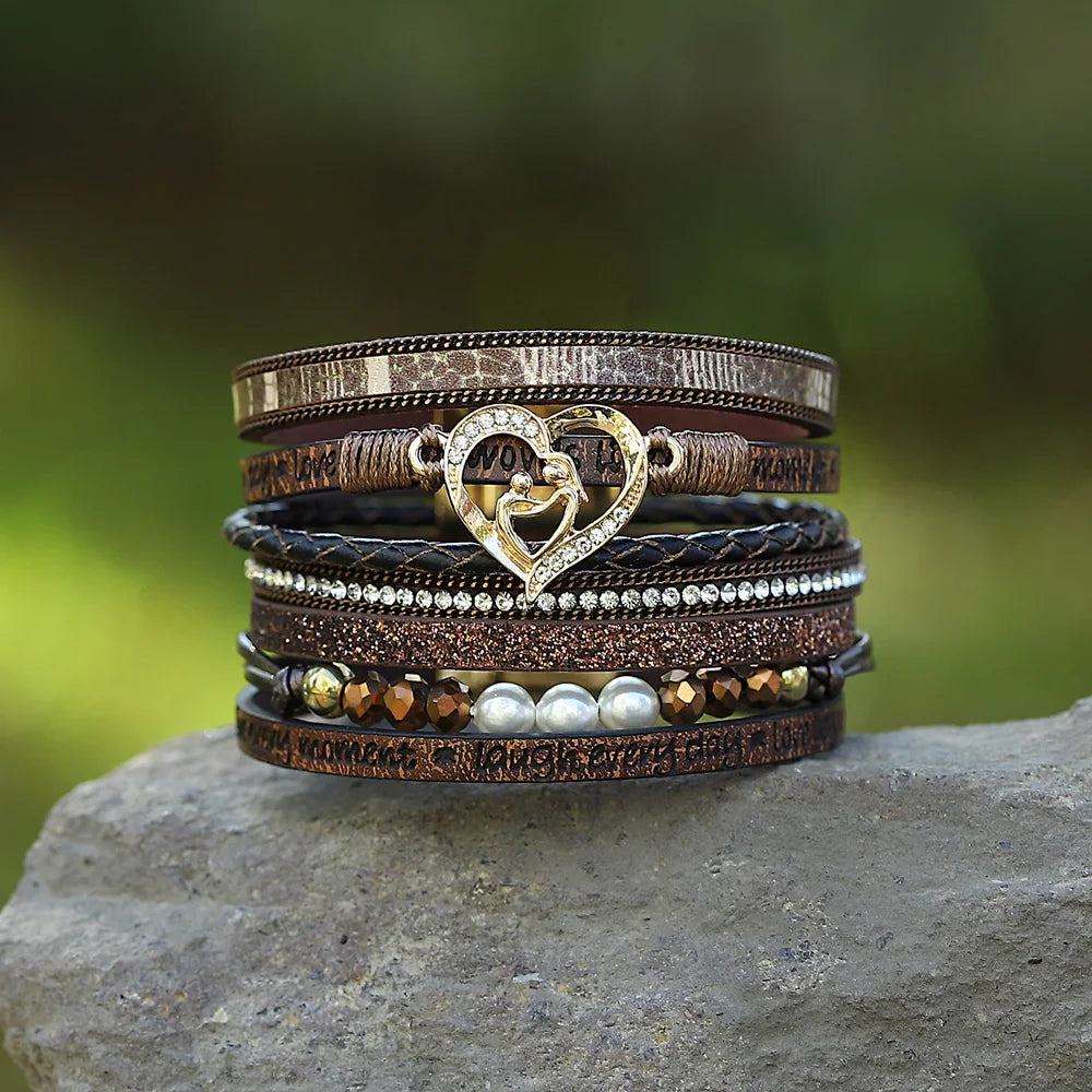 'Inspired Heart' Rhinestones and Beads Bracelet - brown | Allora Jade