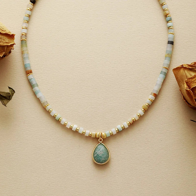 'Aluka' Amazonite Crystal Charm and Beads Choker Necklace - Allora Jade