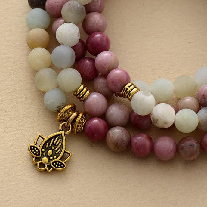 Rhodonite and Amazonite with Lotus Charm Stretchy Bracelet - Allora Jade