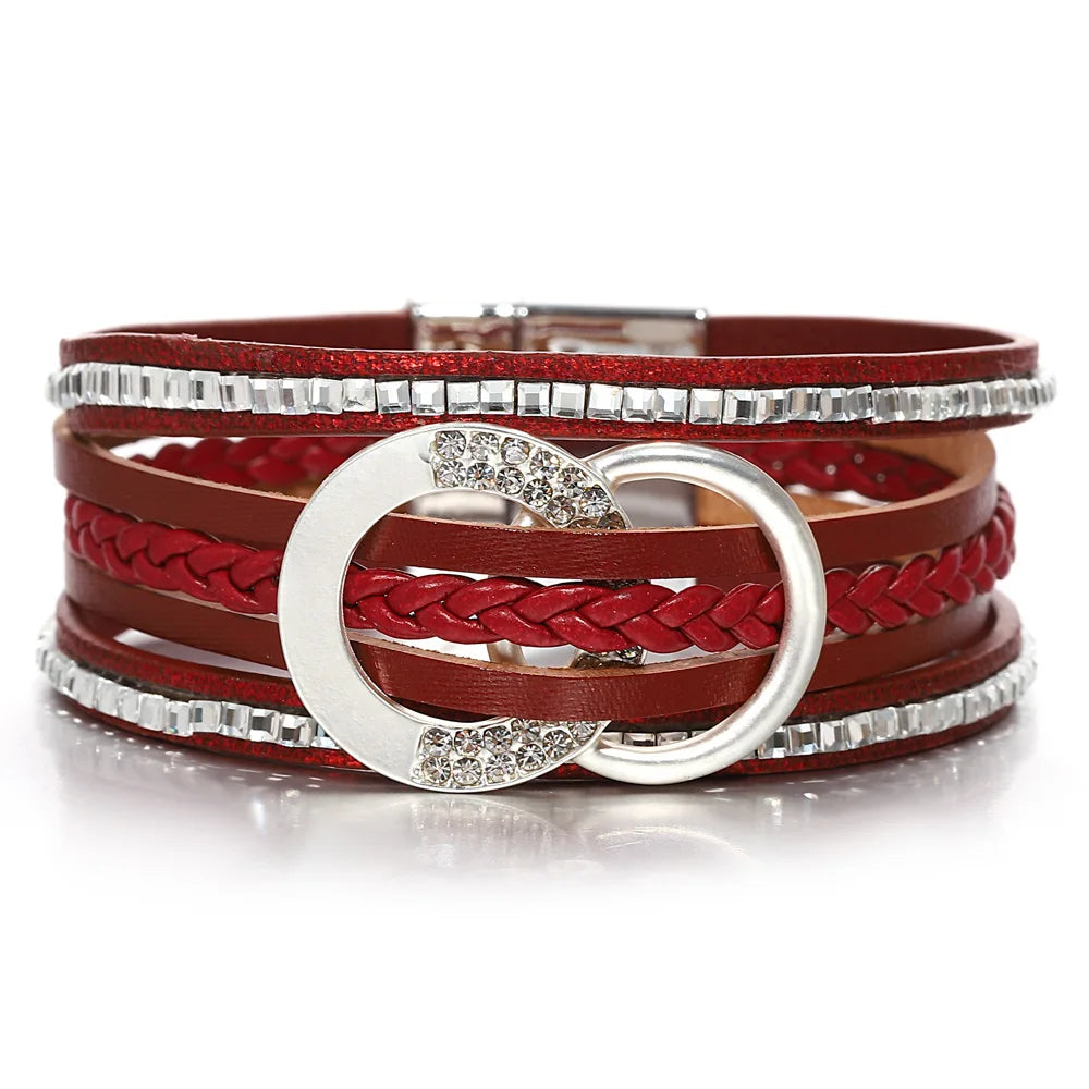 'Moon' Charms and Rhinestones Cuff Bracelet - red - Allora Jade