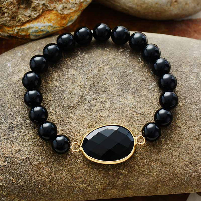 Black Onyx Charm and Beads Stretchy Bracelet - Allora Jade