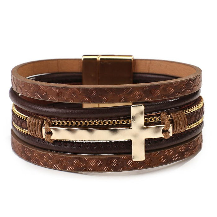 'Cross' Charm Cuff Bracelet - brown - Womens Bracelets - Allora Jade