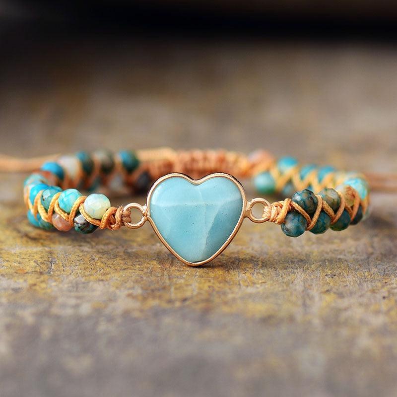 Onyx & Amazonite Heart Charm Braided Bracelet - Womens Bracelets Crystal Bracelet - Allora Jade