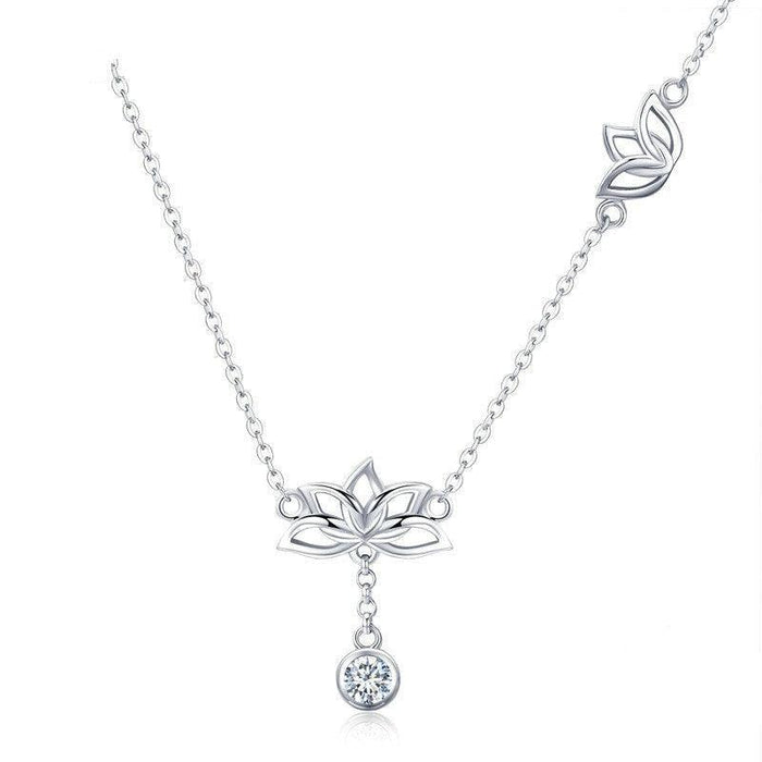 'Lotus Flower' CZ and Sterling Silver Pendant Necklace - Sterling Silver Necklaces - Allora Jade