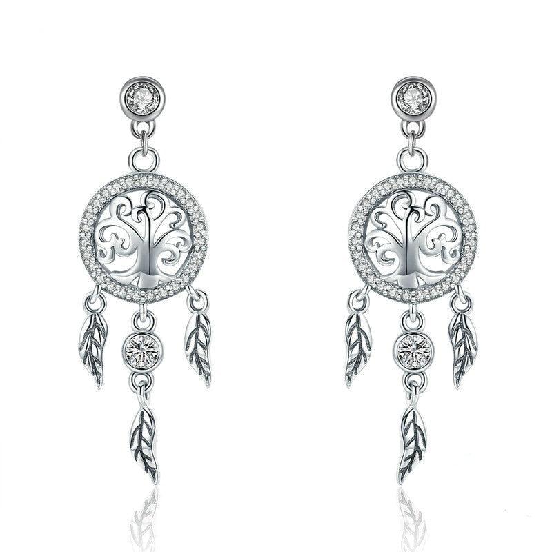 'Tree of Life Dream Catcher' CZ and Sterling Silver Drop Earrings - Allora Jade