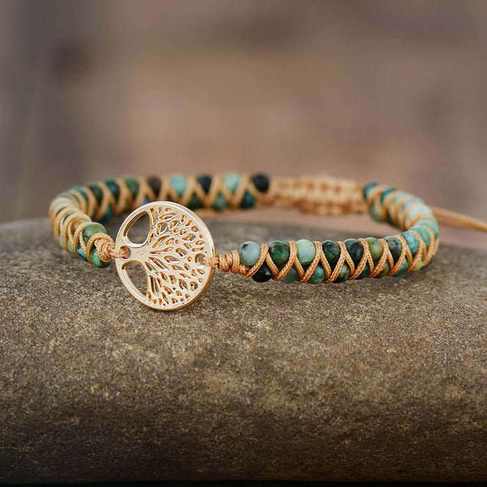 Tree of Life Charm & African Jasper Cuff Bracelet - Womens Bracelets Crystal Bracelet - Allora Jade