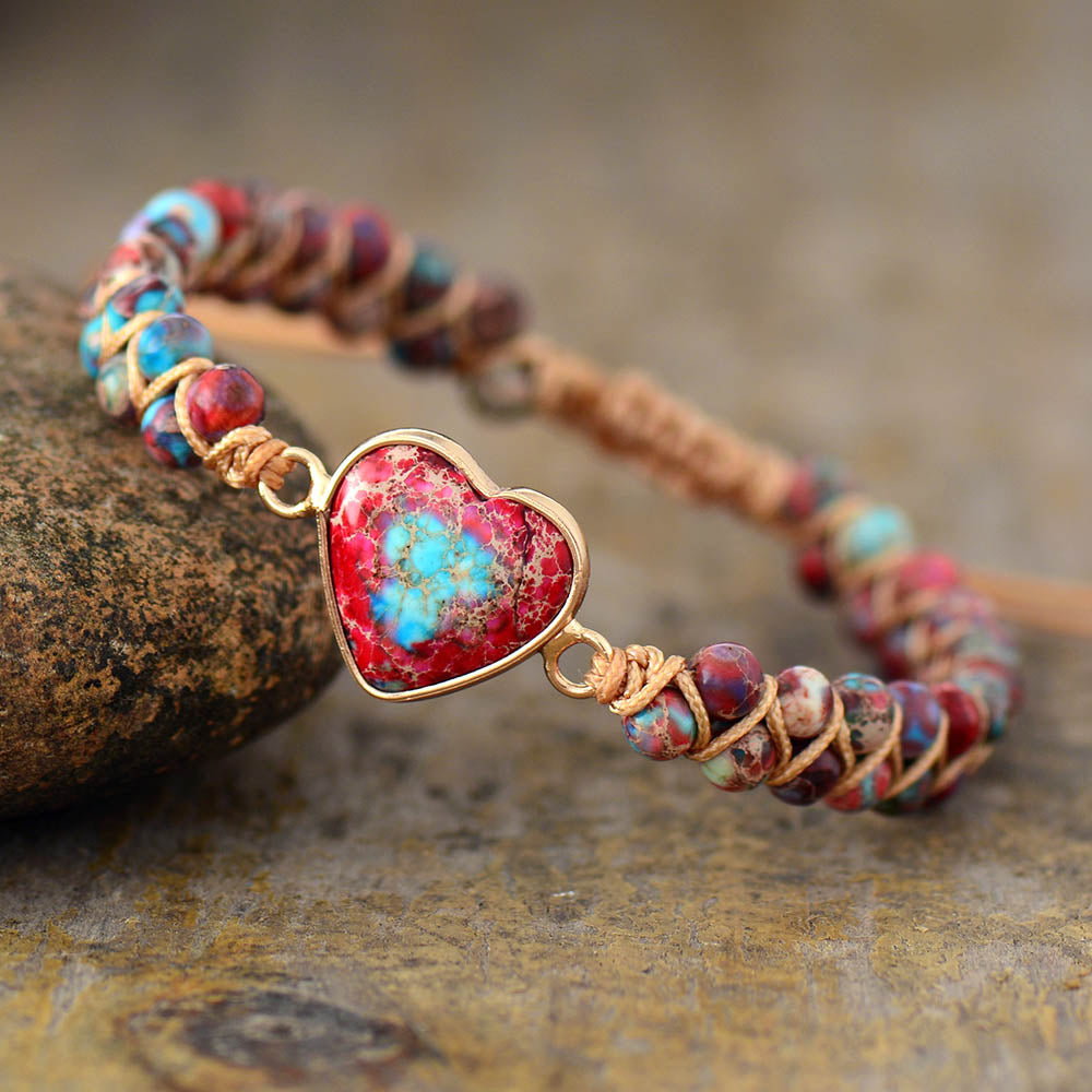 Jasper Heart Charm Braided Cuff Bracelet - Allora Jade