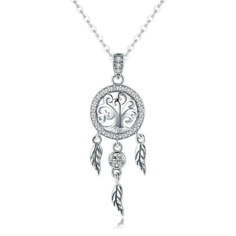 'Tree of Life Dream Catcher' Pendant Necklace CZ and Sterling Silver - Sterling Silver Pendant Necklaces - Allora Jade