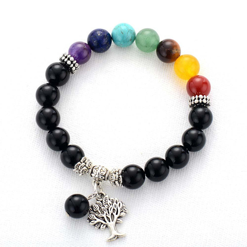 Chakra Beaded Stretchy Bracelet with Tree of Life Charm - Allora Jade
