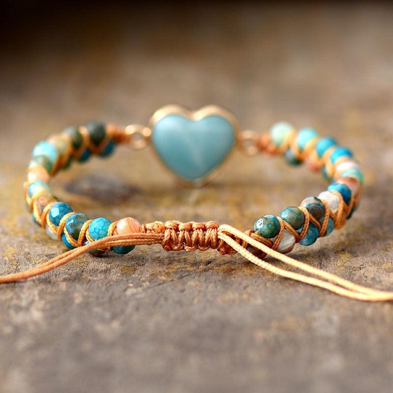 Onyx & Amazonite Heart Charm Braided Bracelet - Womens Bracelets Crystal Bracelet - Allora Jade