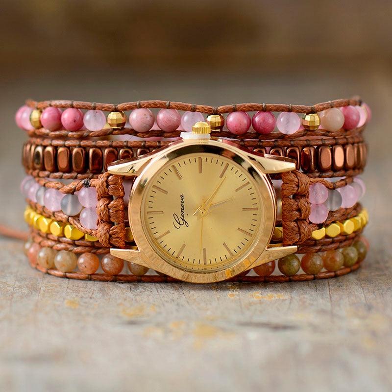 Rose Quartz Jasper Rhodonite Wrap Watch - Watches - Allora Jade