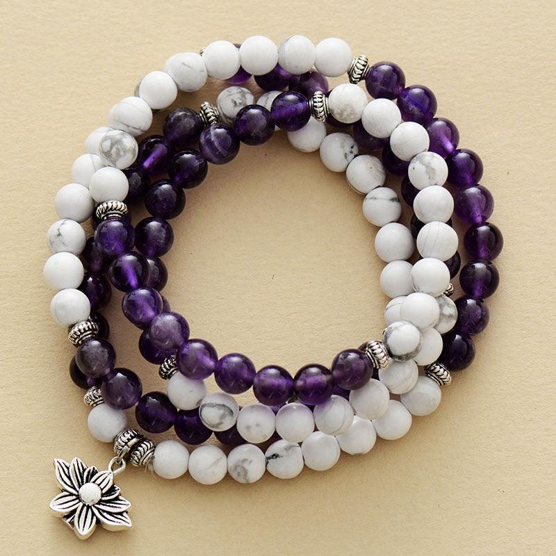 'Lotus' Charm Amethyst & Howlite Stretchy Bracelet - Womens Bracelets Crystal Bracelet - Allora Jade