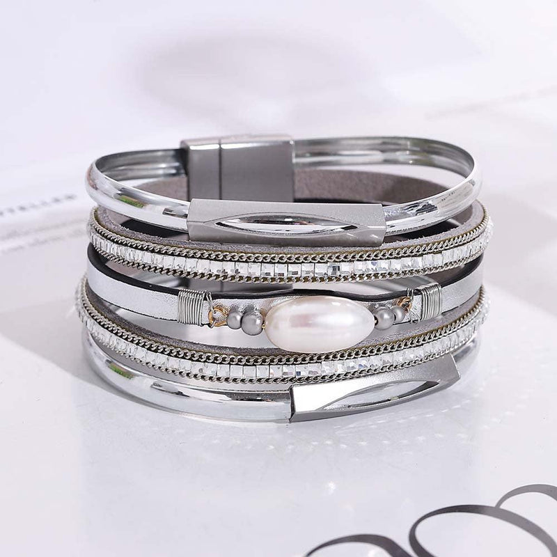 'Pearl' Charm & Rhinestones Cuff Bracelet - silver | ALLORA JADE