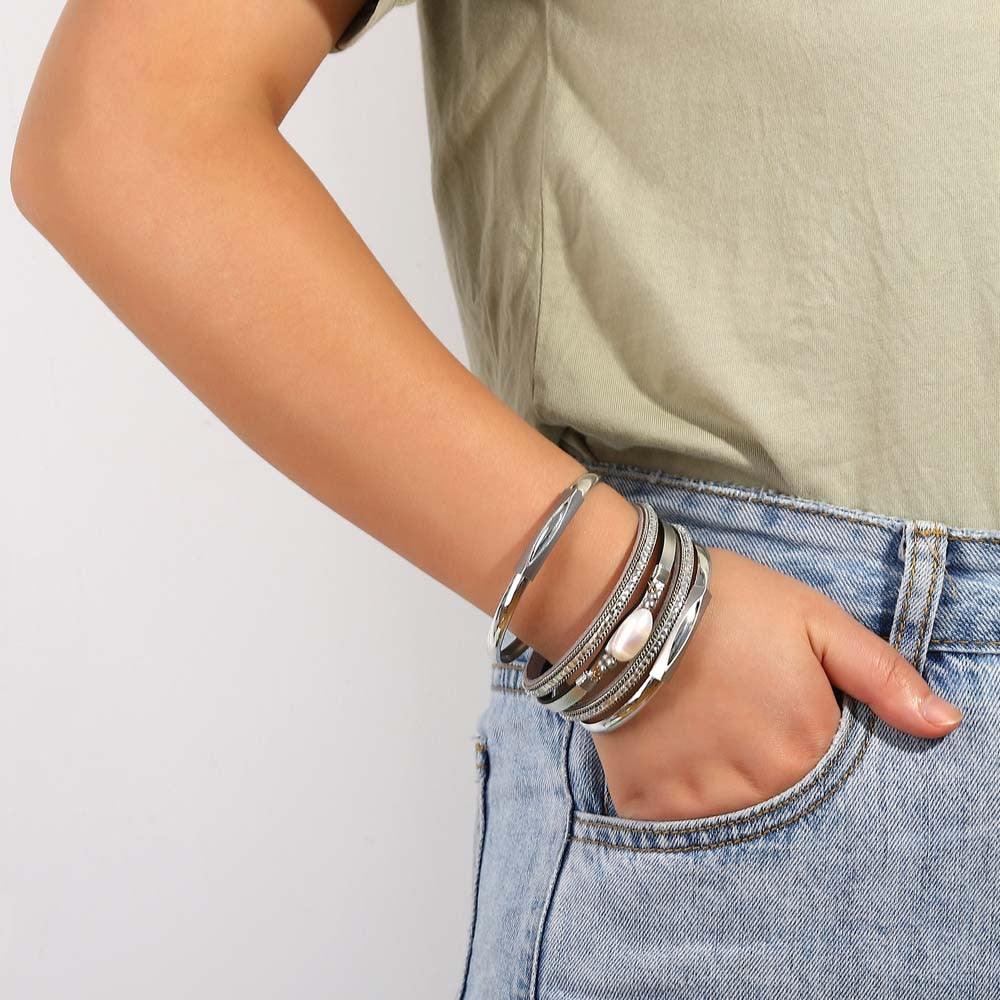 'Pearl' Charm & Rhinestones Cuff Bracelet - silver | ALLORA JADE