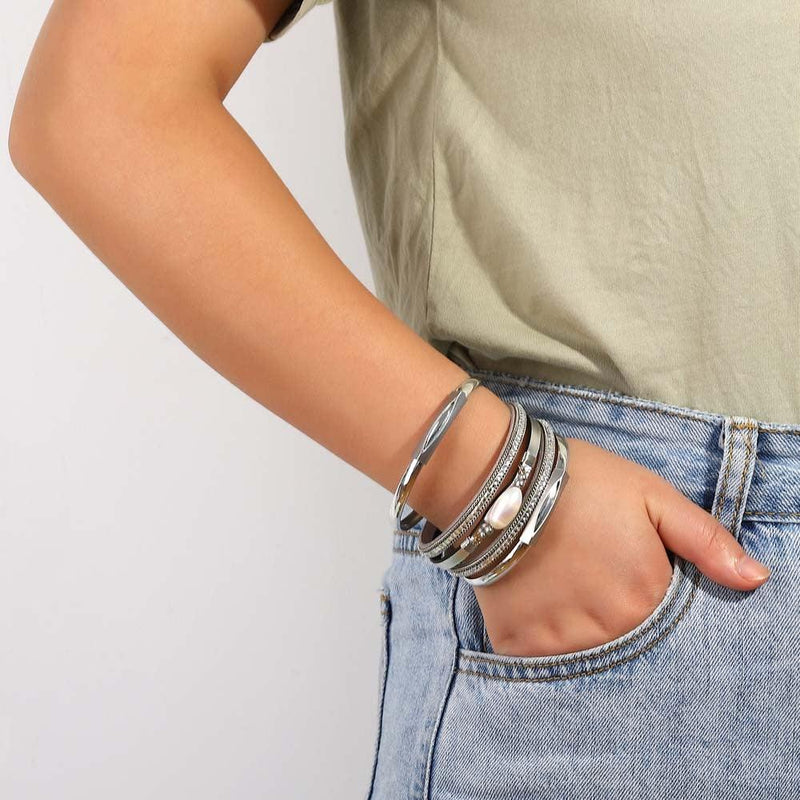 'Pearl' Charm & Rhinestones Cuff Bracelet - silver - Womens Bracelets - Allora Jade