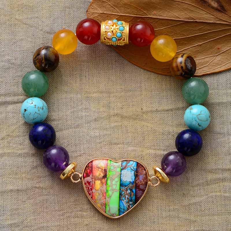 'Chakra Beads' & Jasper Heart Stretchy Bracelet - Womens Bracelets Crystal Bracelet - Allora Jade