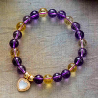 Amethyst & Citrine Stretchy Bracelet w/ Heart Charm - Womens Bracelets Crystal Bracelet - Allora Jade