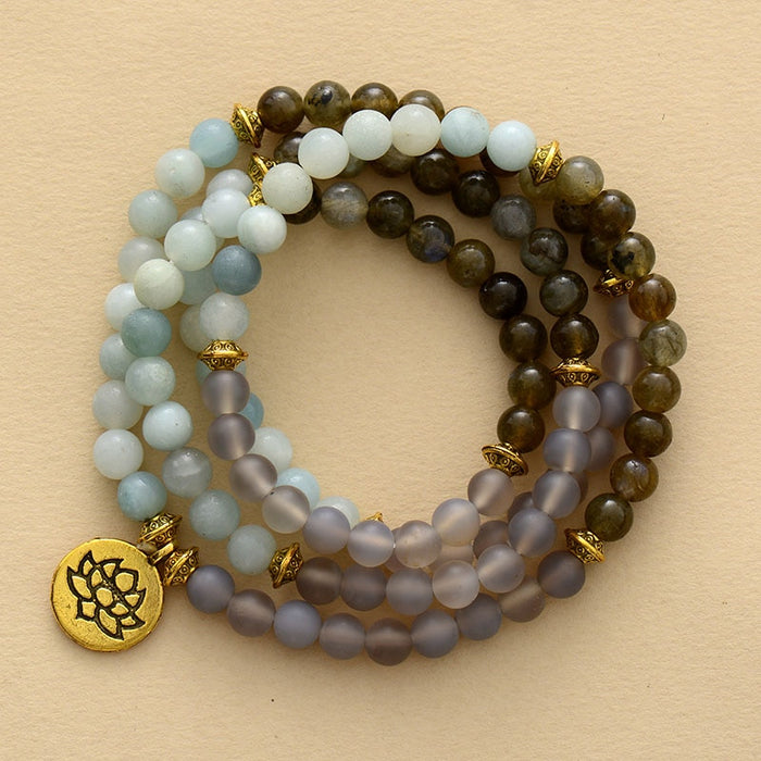 'Lotus' Charm Amazonite, Labradorite, Agate Stretchy Bracelet - Allora Jade