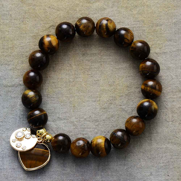 Tiger's Eye Heart Charm and Beads Stretchy Bracelet - ALLORA JADE