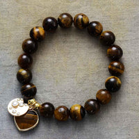 Tiger's Eye Beads & Heart Charm Stretchy Bracelet - Womens Bracelets Crystal Bracelet - Allora Jade