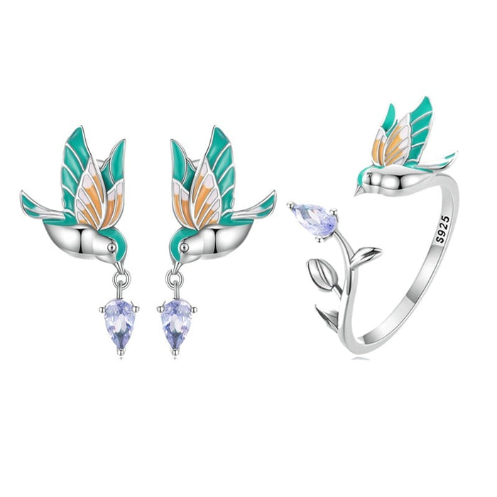 'Kingfisher' Sterling Silver and CZ Jewellery Set - Earrings, Ring | Allora Jade