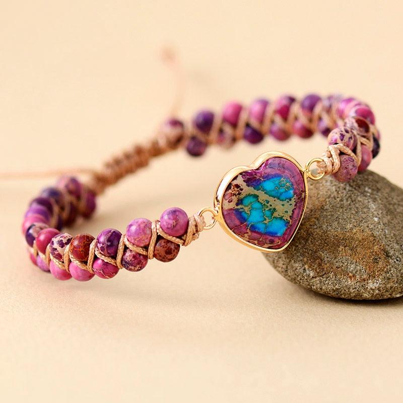 Jasper Heart Charm Braided Bracelet purple - ALLORA JADE