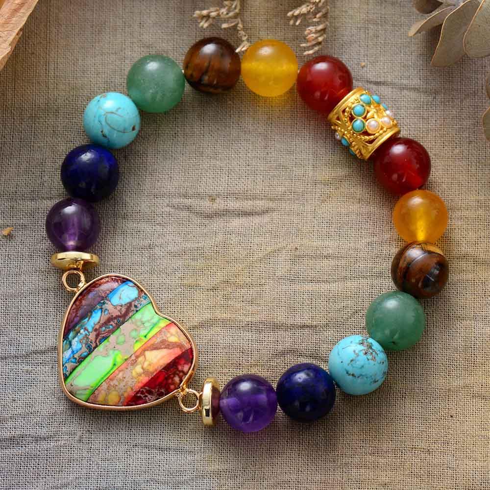 'Chakra Beads' & Jasper Heart Stretchy Bracelet - Womens Bracelets Crystal Bracelet - Allora Jade