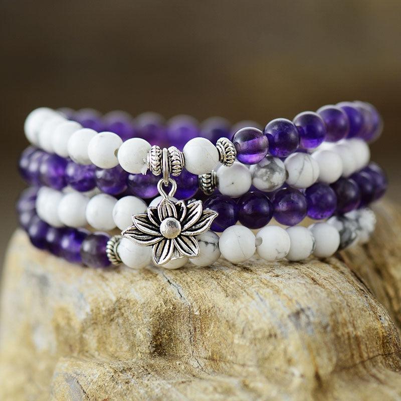 'Lotus' Charm Amethyst & Howlite Stretchy Bracelet - Womens Bracelets Crystal Bracelet - Allora Jade