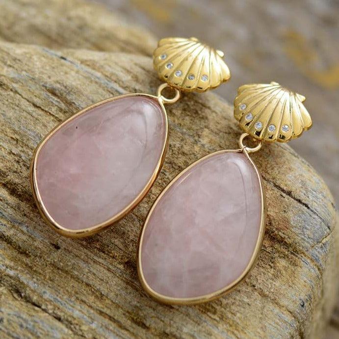 'Shells' Rose Quartz Drop Earrings - Womens Earrings Crystal Earrings - Allora Jade