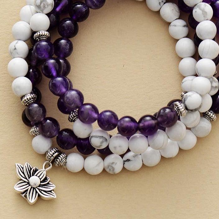 'Lotus' Amethyst and Howlite 108 Mala Beads Necklace - Womens Necklaces Crystal Necklace - Allora Jade
