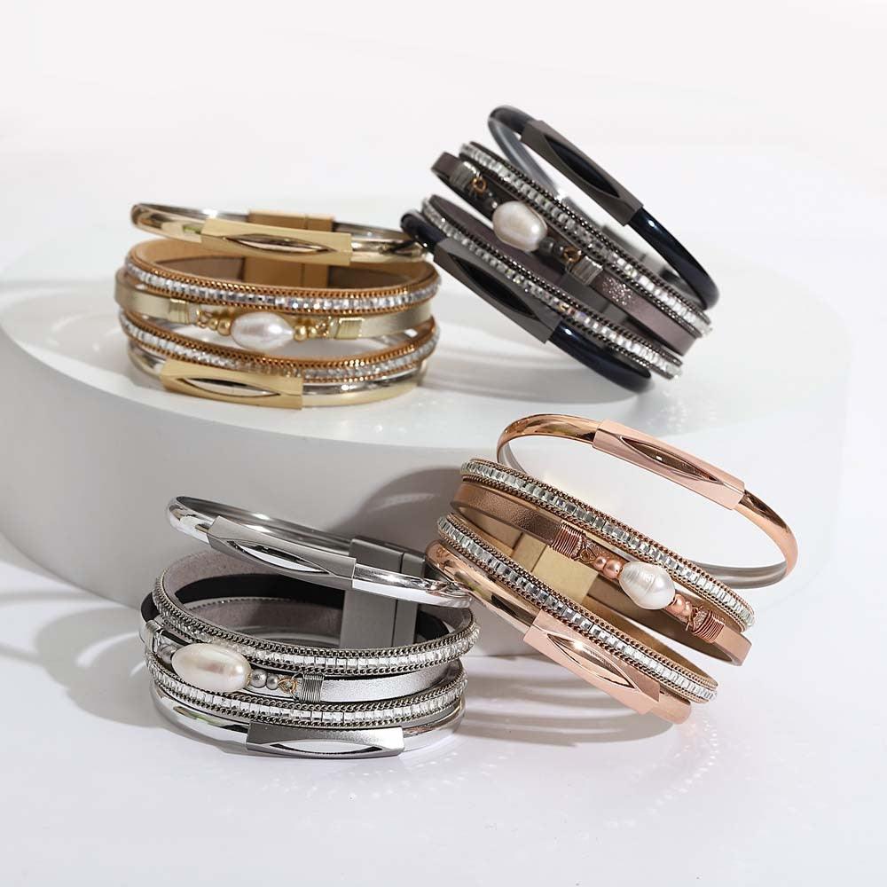 'Pearl' Charm & Rhinestones Cuff Bracelet - gold - Womens Bracelets - Allora Jade