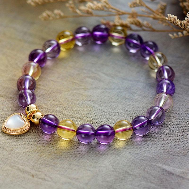Amethyst and Citrine Stretchy Bracelet with Heart Charm - Allora Jade