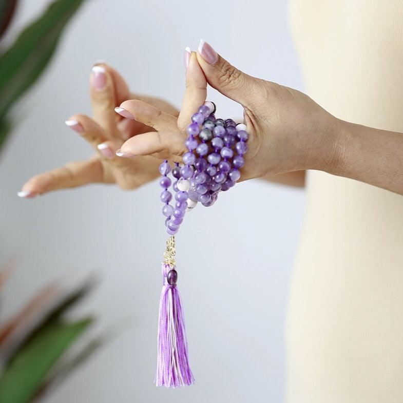 'Lotus Pendant' Amethyst & Jasper 108 Mala Beads Necklace - Womens Necklaces Crystal Necklace - Allora Jade