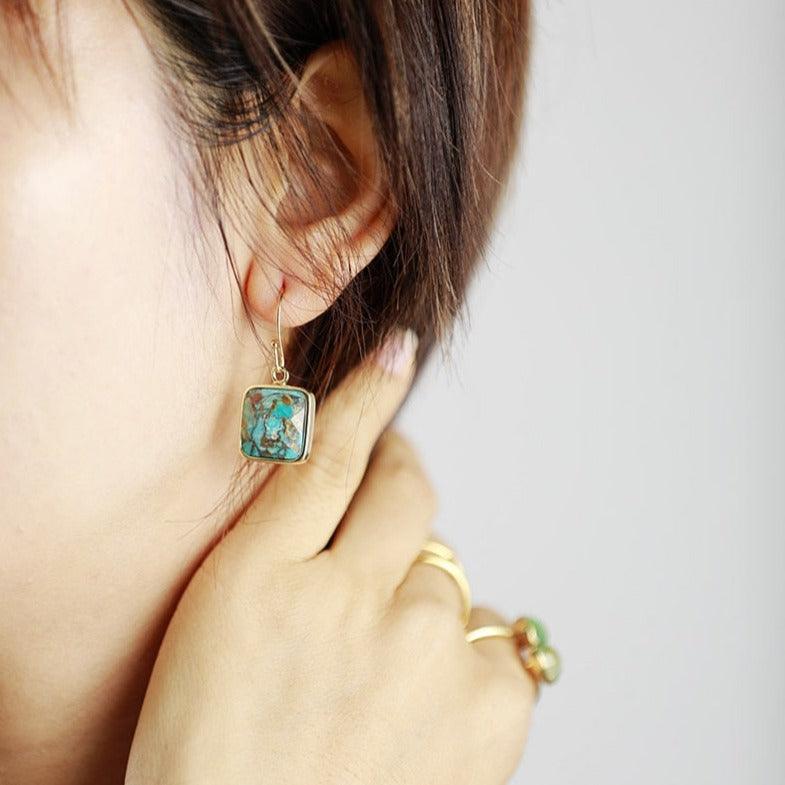 'Wiinya' Square Turquoise Drop Earrings - Womens Earrings Crystal Earrings - Allora Jade