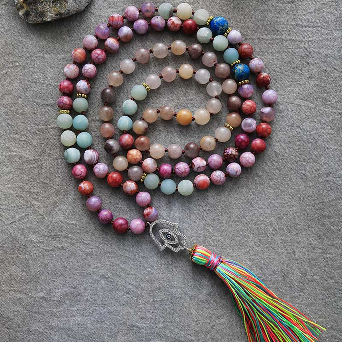 'Hamsa' Agate, Jasper and Amazonite 108 Mala Beads Necklace - Allora Jade