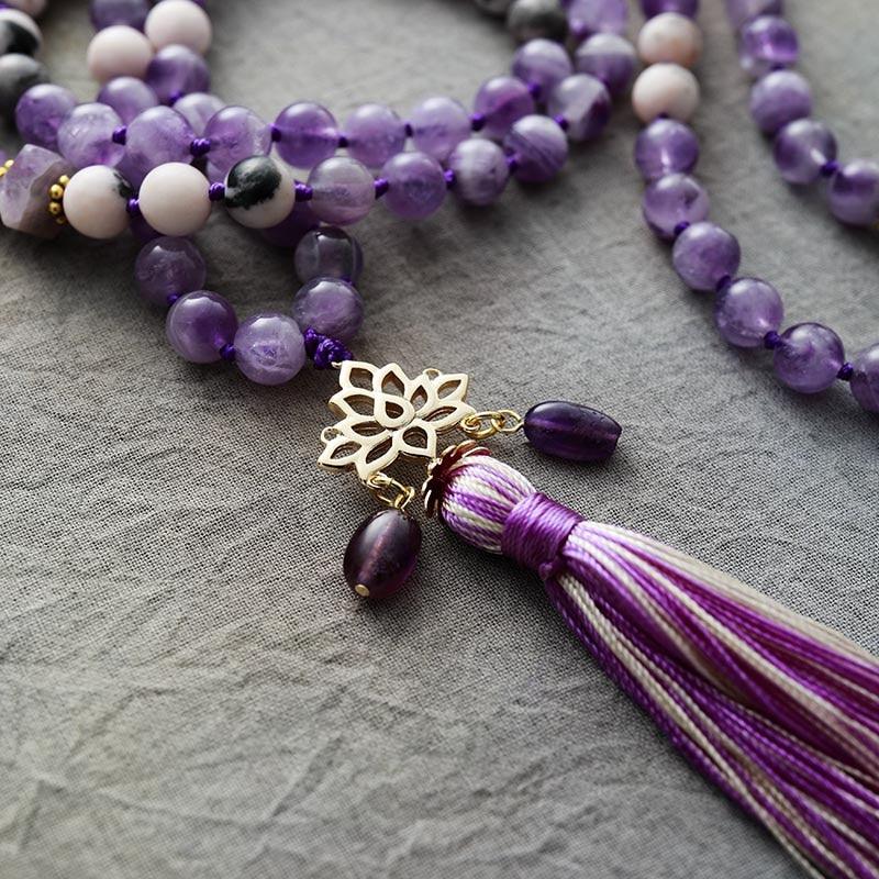 'Lotus Pendant' Amethyst & Jasper 108 Mala Beads Necklace - Womens Necklaces Crystal Necklace - Allora Jade