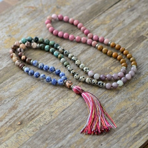 'Pink Tassel' Agate & Jasper 108 Beads Mala Necklace - Allora Jade