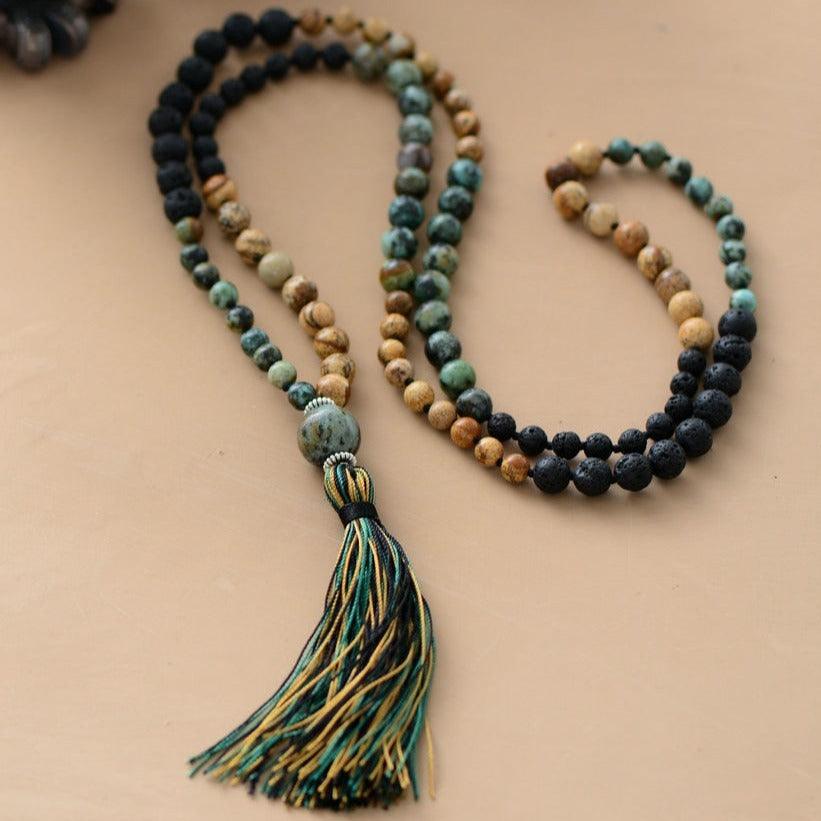 'Forest Tassel' Jasper & Lava 108 Mala Beads - Womens Necklaces Crystal Necklace - Allora Jade