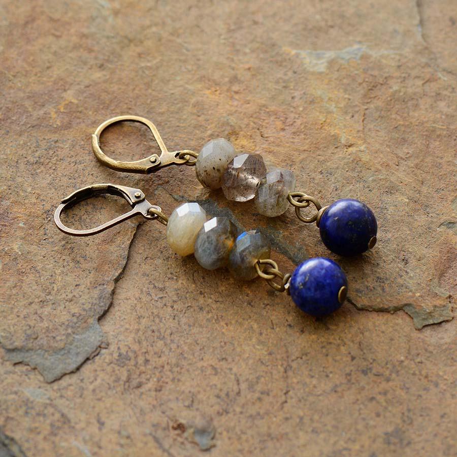 'Ginhar' Lapis Lazuli & Labradorite Dangle Earrings - Womens Earrings Crystal Earrings - Allora Jade