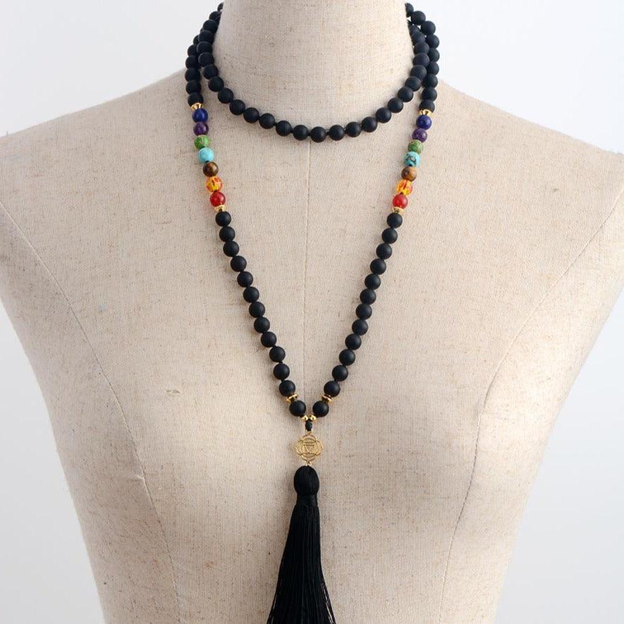 'Chakras' Black Onyx 108 Mala Beads Necklace - Womens Necklaces Crystal Necklace - Allora Jade