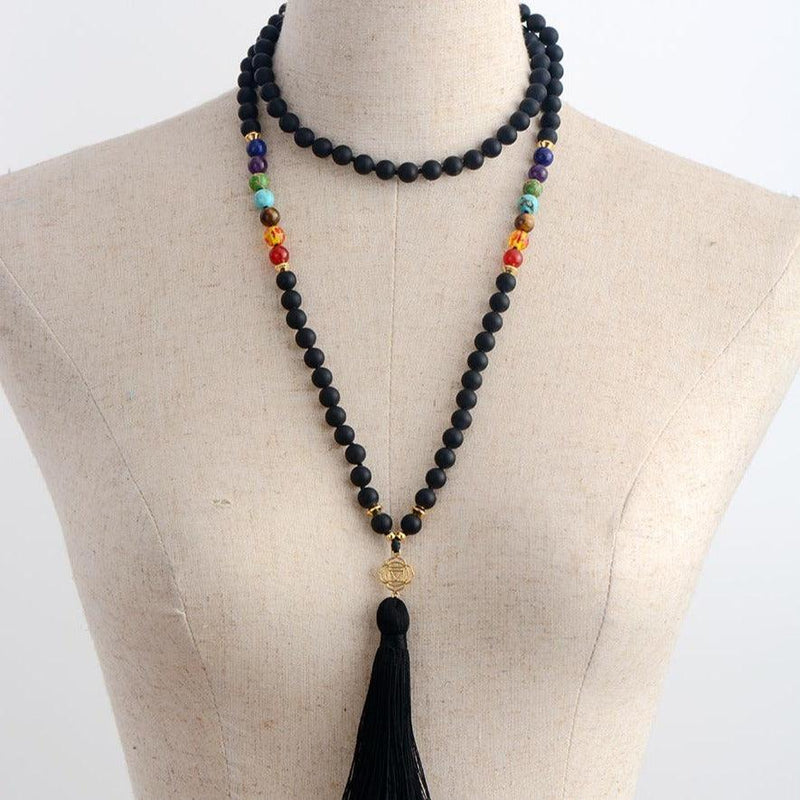 'Chakras' Black Onyx 108 Mala Beads Necklace - Womens Necklaces Crystal Necklace - Allora Jade