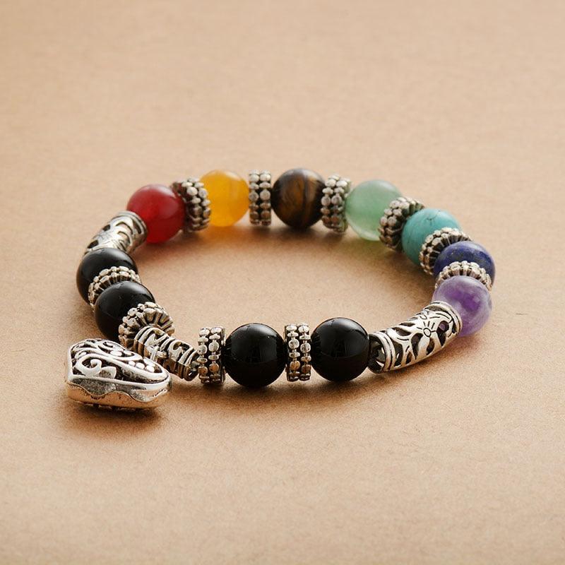 'Chakra' Beads & Heart Charm Stretchy Bracelet - Womens Bracelets Crystal Bracelet - Allora Jade
