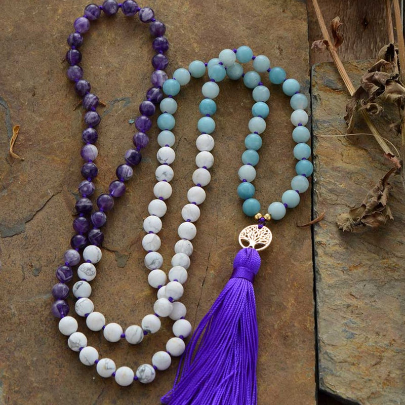 'Tree of Life' Amethyst, Howlite and Amazonite 108 Beads Mala Tassel Necklace - Allora Jade