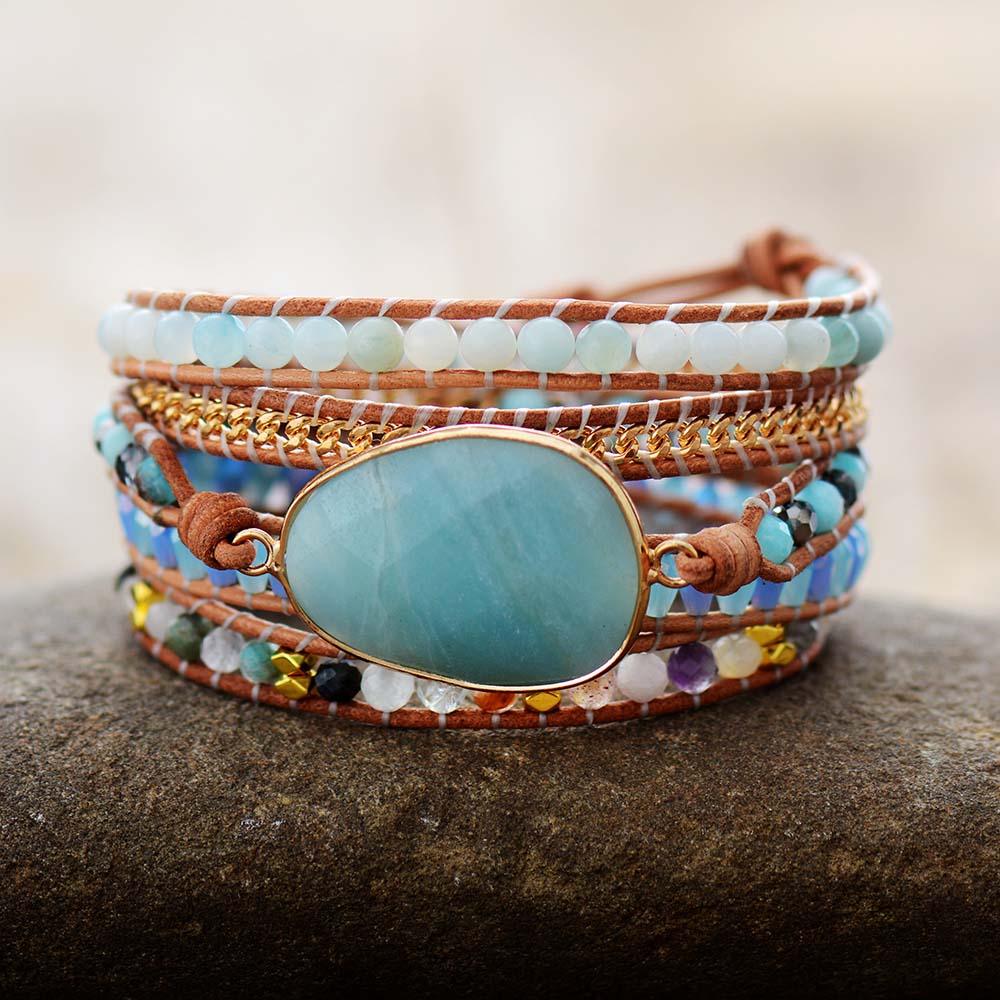 Amazonite Charm Beads & Rhinestones Wrap Bracelet - Womens Bracelets Crystal Bracelet - Allora Jade