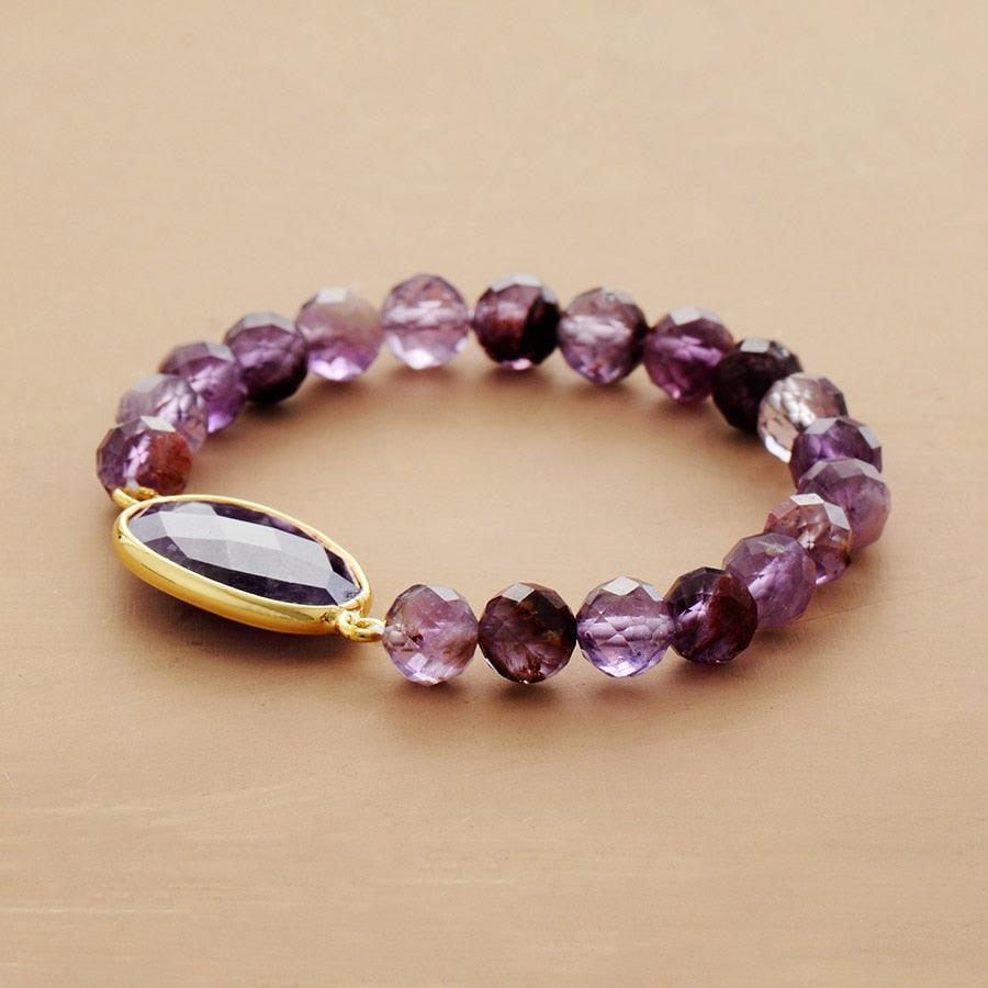 Amethyst Charm and Purple Phantom Quartz Beads Stretchy Bracelet - Allora Jade