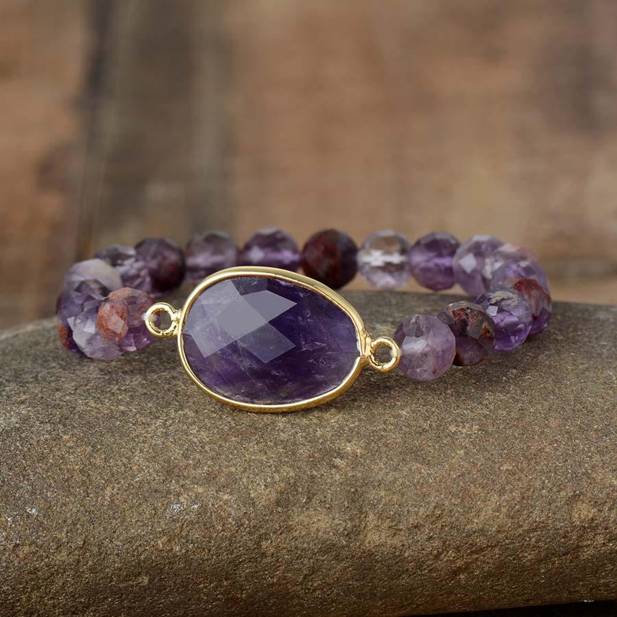 Amethyst Charm and Purple Phantom Quartz Beads Stretchy Bracelet - Allora Jade