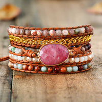 Womens Bohemian Rhodonite Charm with Mixed Crystal Beads Wrap Bracelet - Allora Jade