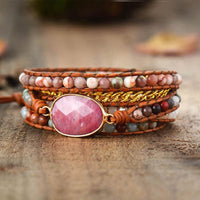 Rhodonite Charm & Mixed Crystals Wrap Bracelet - Womens Bracelets Crystal Bracelet - Allora Jade