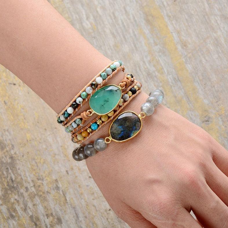 Labradorite Charm & Beads Stretchy Bracelet - Womens Bracelets Crystal Bracelet - Allora Jade